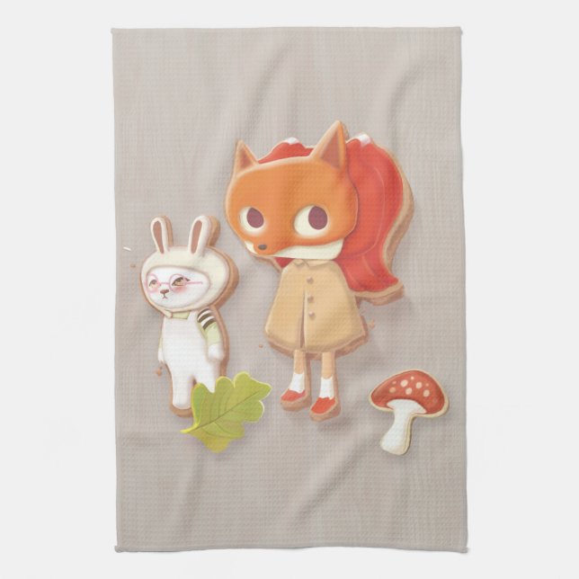 Forest Bakery: Fox Girl & Animal Cookies Pattern Kitchen Towel (Vertical)