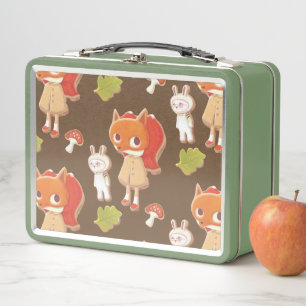 Forest Bakery: Fox Girl & Animal Cookies Pattern Metal Lunch Box