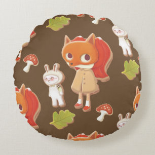 Forest Bakery: Fox Girl & Animal Cookies Pattern Round Pillow