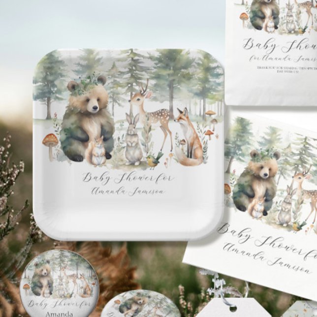 Forest Bear Deer Woodland Cute Animals Baby Shower Paper Plates (Creator Uploaded)