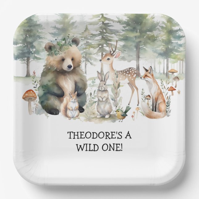 Forest Bear Deer Woodland Wild One Birthday Party Paper Plates (Front)