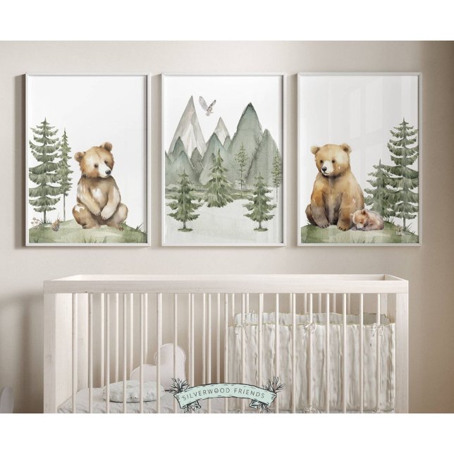 Forest Bear Nursery Prints - Set of 3 (et of 3 Forest Bear Nursery Prints featuring watercolour bears surrounded by woodland forests)