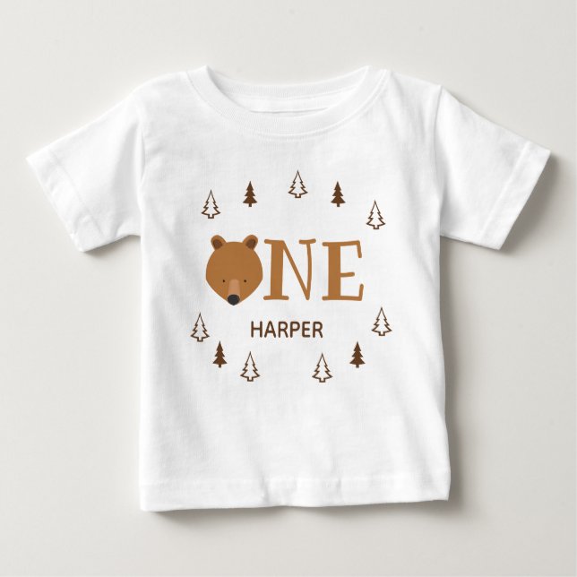 Forest Bear One Name First Birthday Baby T-Shirt (Front)