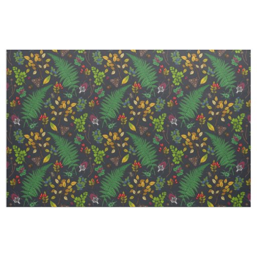 Forest berries, leaves and bugs on graphite black fabric