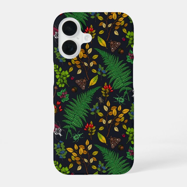 Forest berries, leaves and bugs on graphite black iPhone case (Back)
