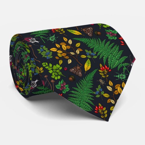 Forest berries leaves and bugs on graphite black neck tie