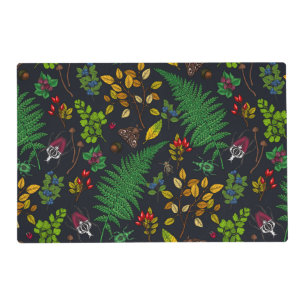 Forest berries, leaves and bugs on graphite black placemat