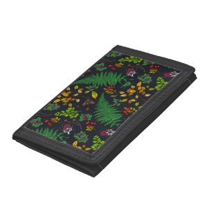 Forest berries, leaves and bugs on graphite black tri-fold wallet