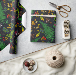 Forest berries, leaves and bugs on graphite black wrapping paper