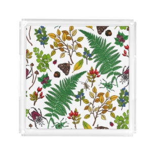 Forest berries, leaves and bugs on white acrylic tray