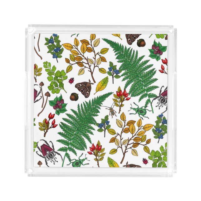 Forest berries, leaves and bugs on white acrylic tray (Front)