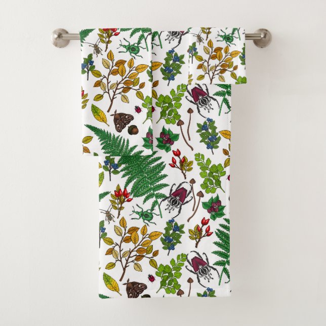 Forest berries, leaves and bugs on white bath towel set (Insitu)