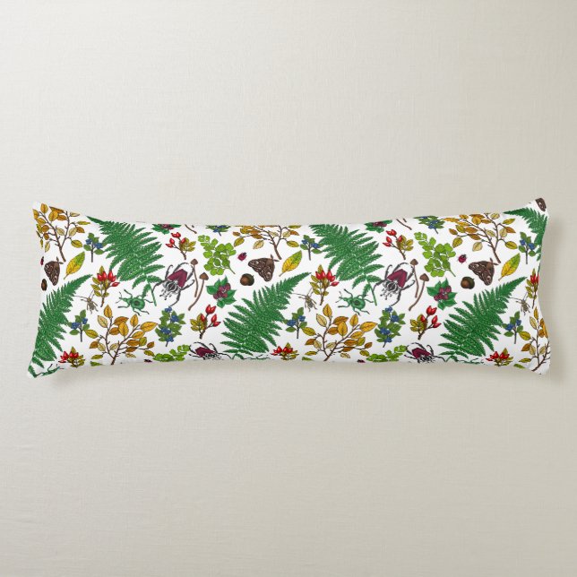 Forest berries, leaves and bugs on white body pillow (Front)