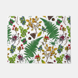 Forest berries, leaves and bugs on white doormat