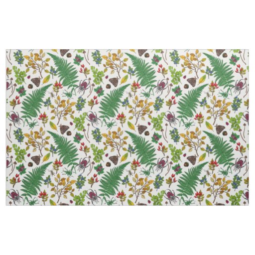 Forest berries, leaves and bugs on white fabric