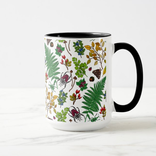 Forest berries, leaves and bugs on white mug (Right)