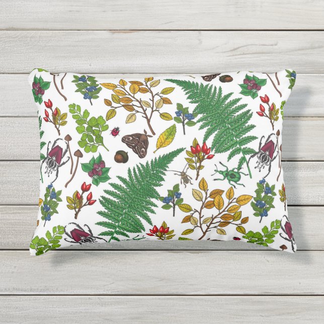 Forest berries, leaves and bugs on white outdoor pillow (Front)