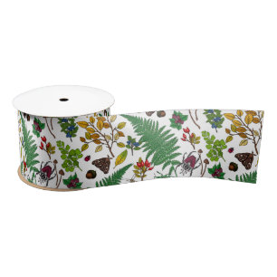 Forest berries, leaves and bugs on white satin ribbon