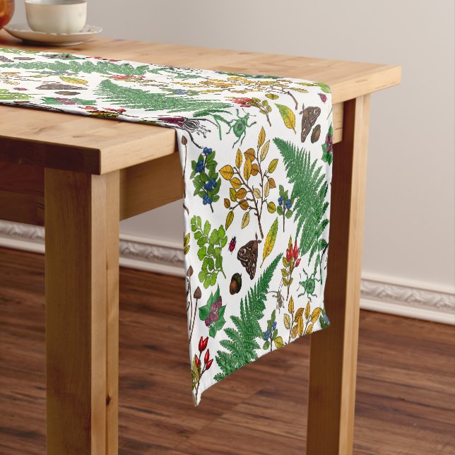 Forest berries, leaves and bugs on white short table runner (In Situ)