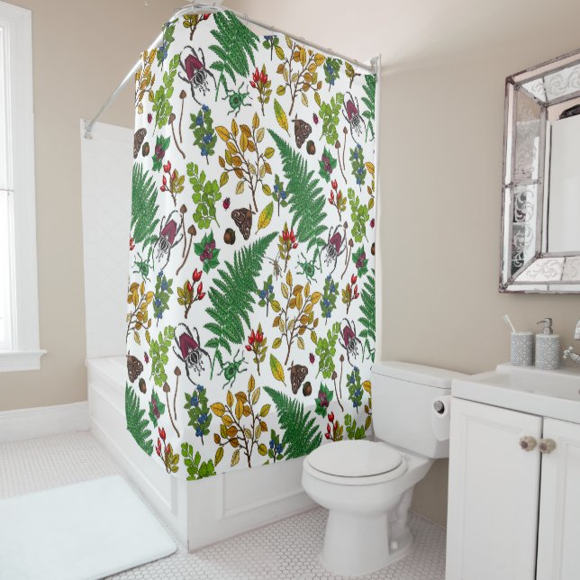 Forest berries, leaves and bugs on white shower curtain (In Situ)