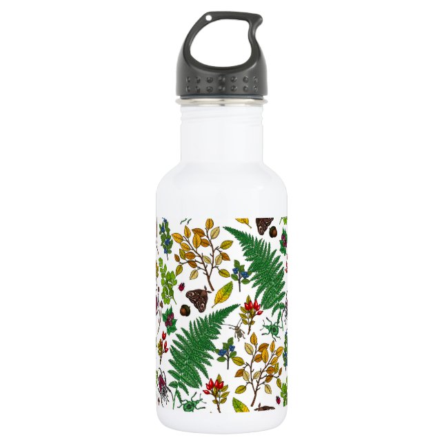Forest berries, leaves and bugs on white stainless steel water bottle (Front)