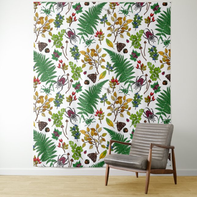 Forest berries, leaves and bugs on white tapestry (In Situ)