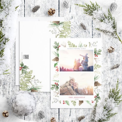 Forest Berry Pinecone Greenery 2 Photo Holiday Card