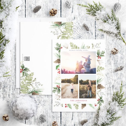 Forest Berry Pinecone Greenery 3 Photo Holiday Card