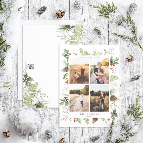 Forest Berry Pinecone Greenery 4 Photo Holiday Card