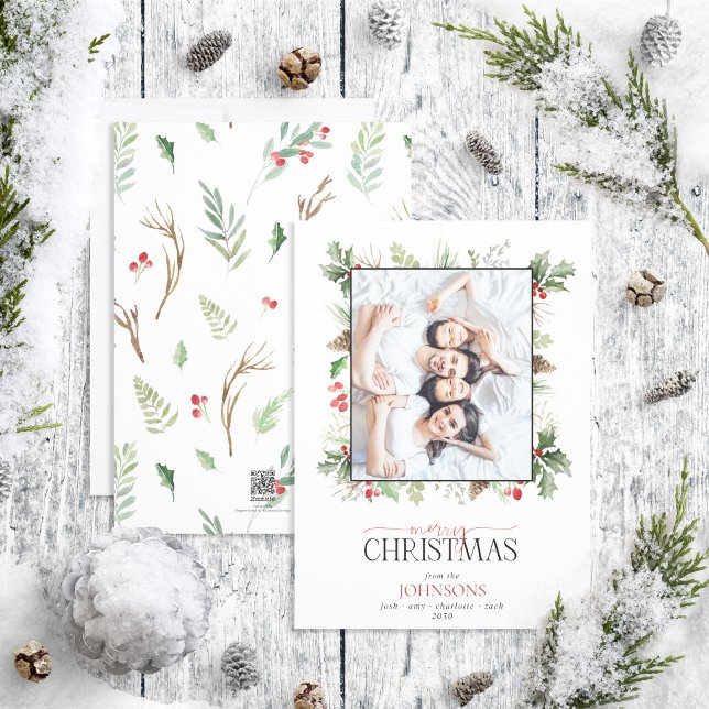 Forest Berry Pinecone Merry Christmas Photo Holiday Card (Creator Uploaded)