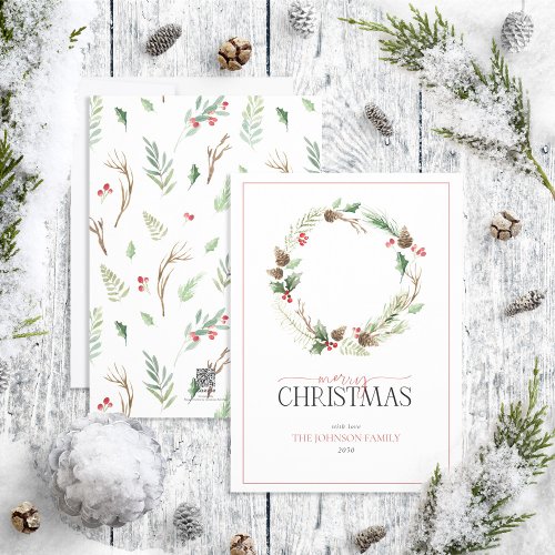 Forest Berry Pinecone Wreath Merry Christmas Holiday Card