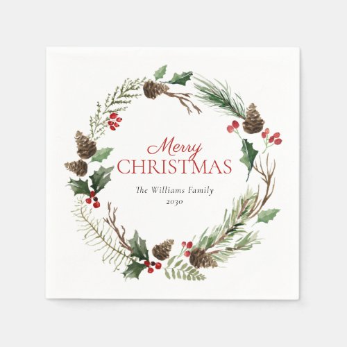 Forest Berry Pinecone Wreath Merry Christmas Napkins