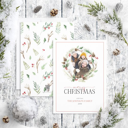 Forest Berry Pinecone Wreath Merry Christmas Photo Holiday Card