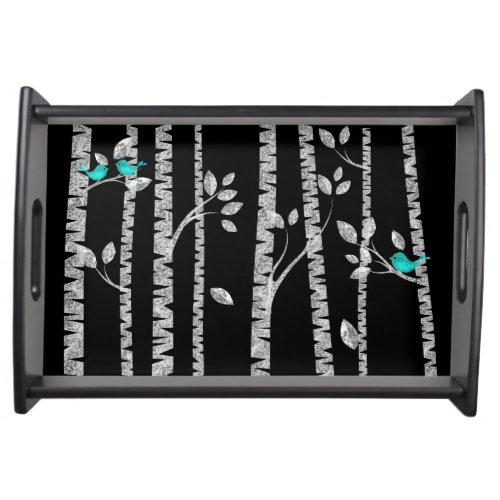  Forest Birch Tree Turquoise Love Birds Serving Tray