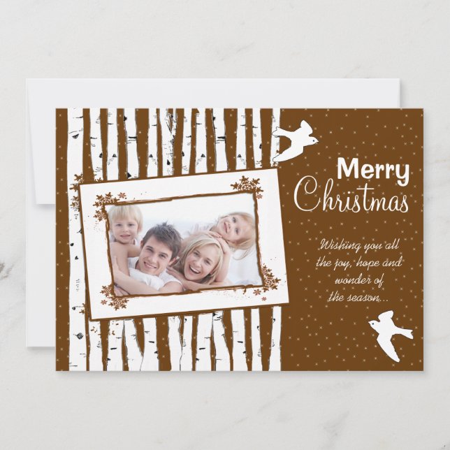 Forest Birch Trees & Flying Birds Merry Christmas Holiday Card (Front)