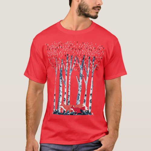 Forest Birches and fox with baby outr and nature l T_Shirt