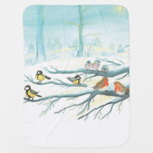 Forest birds in winter baby  baby blanket