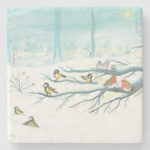 Forest birds in winter stone coaster