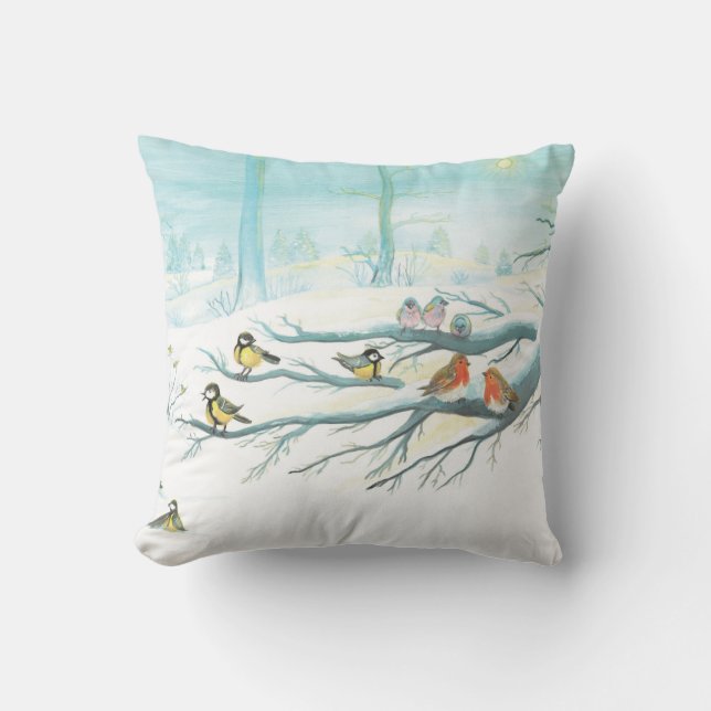 Forest birds in winter  throw pillow (Front)