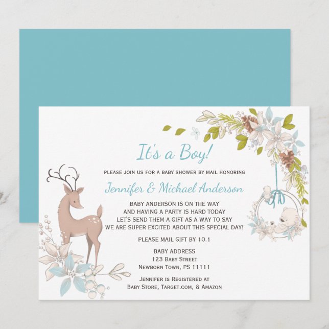 Forest Blue Boy Bear Deer Baby Shower By Mail Invitation (Front/Back)