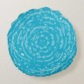 Forest Blue Reversible Gray Floral Garland Pattern Round Pillow