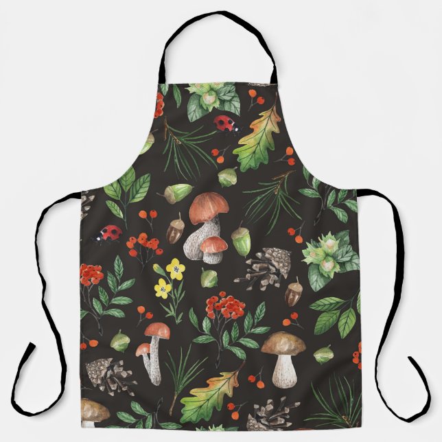 Forest Bounty: Watercolor Mushroom Pattern Apron (Front)