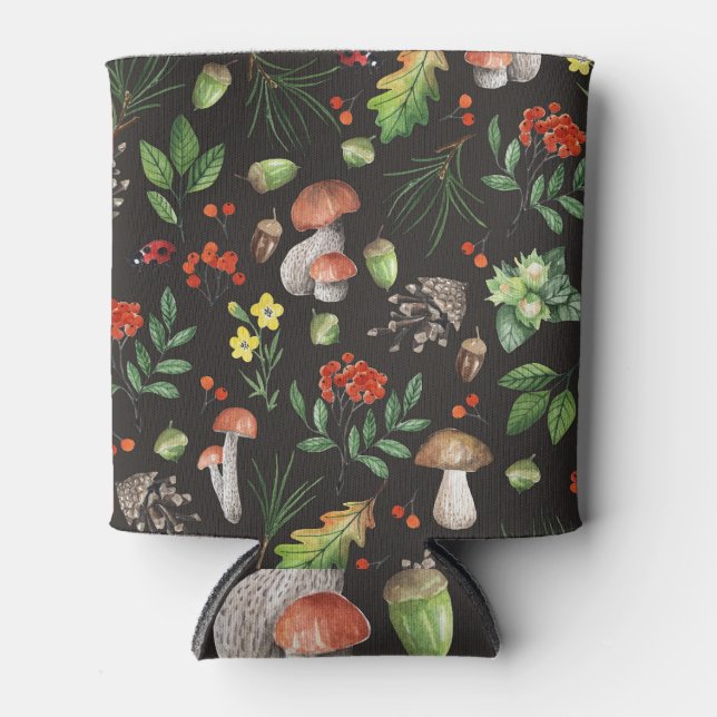 Forest Bounty: Watercolor Mushroom Pattern Can Cooler (Front)