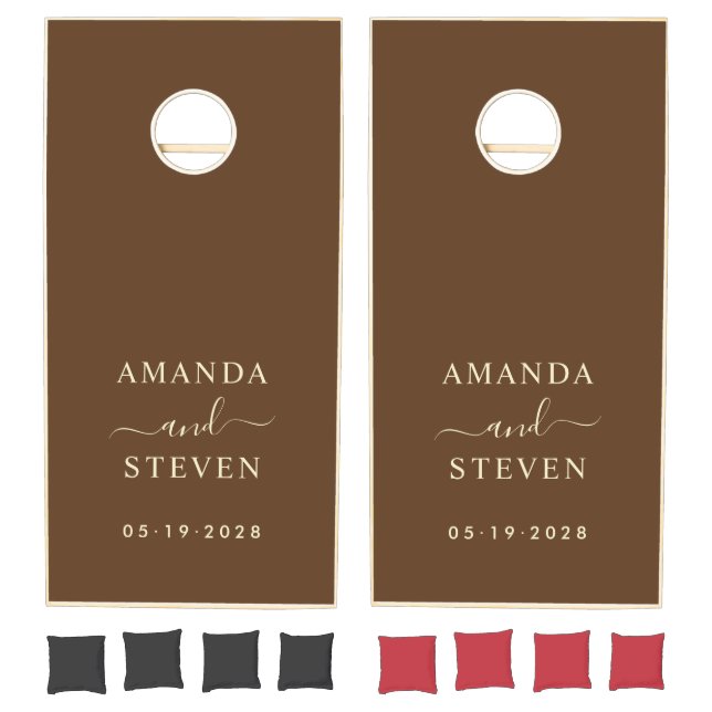 Forest Brown Couple Names with Wedding Date Cornhole Set (Set)