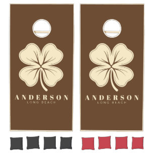Forest Brown Four Leaf Clover with Name Cornhole Set