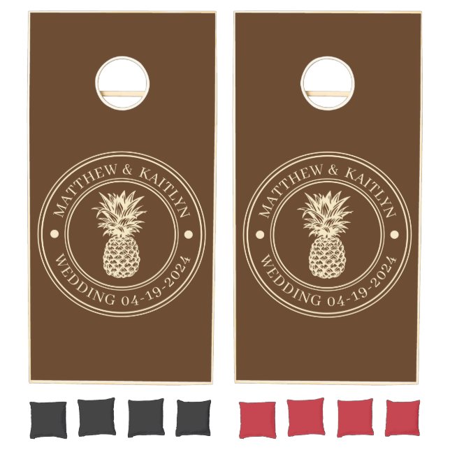 Forest Brown Pineapple Wedding Crest & Names Cornhole Set (Set)