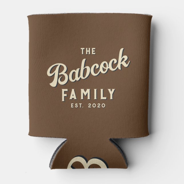 Forest Brown Retro Family Name & Year Can Cooler (Front)
