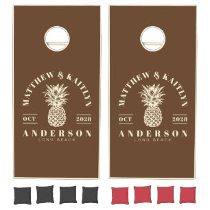 Forest Brown Tropical Pineapple Wedding Crest Cornhole Set