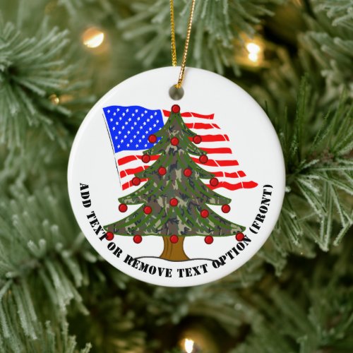Forest Camouflage Christmas Tree wAmerican Flag Ceramic Ornament