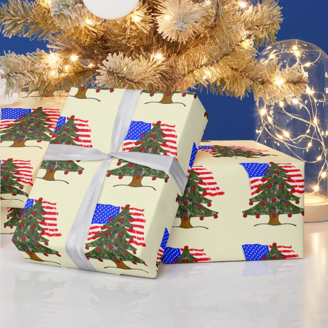 Forest Camouflage Christmas Tree w/American Flag Wrapping Paper (Holidays)